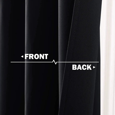 Front and back view of RV Blackout Window Curtains Set Two Panels 29 Inch Wide Cafe Short Kitchen Drapes For Travel Trailer RV Bathroom Sunroom Privacy And Light Blocking Black