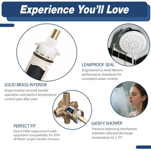 PLISPARK Moen 1222 cartridge kit with removal tool and handle adapter; brass valve core and showerhead shown.