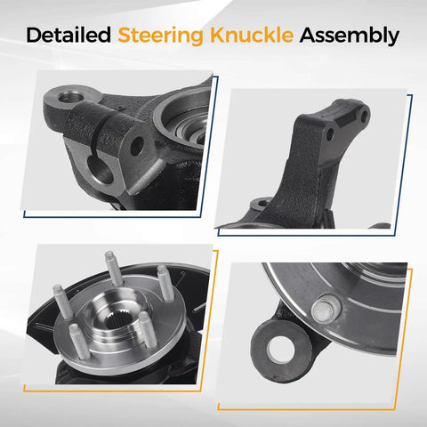 Close-up view of front right steering knuckle assembly with wheel hub bearing for 2005 to 2012 Ford Escape and related models.