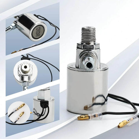 Air Horn Solenoid Valve Dual Voltage 12V And 24V For Quarter Inch NPT With Chrome Plated Zinc Alloy Housing, front and side view
