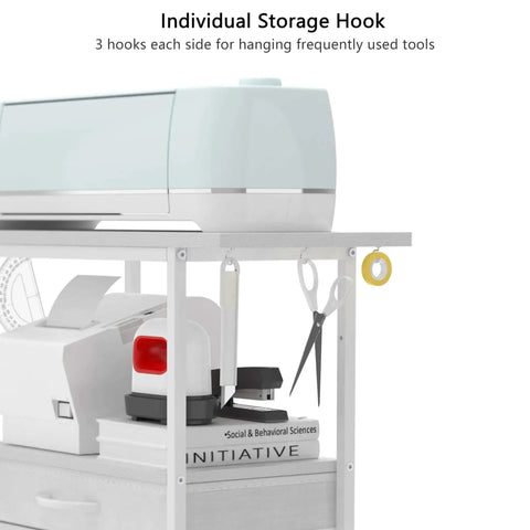 Ultimate Cricut Organizer And Rolling Storage Cart With 24 Vinyl Roll Holders Two Fabric Drawers Accessories Holder Tool Hook And Craft Room Stand For Easy Space Saving And Quick Access In White side view
