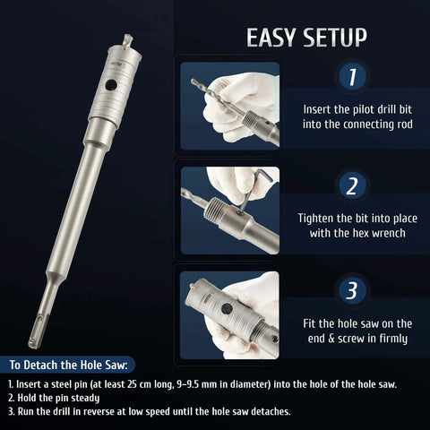 4 In 1 Hole Saw Kit With Pilot Drill And 30mm 50mm 65mm Saws For SDS Plus Hammer Drills Easy Setup Instructions
