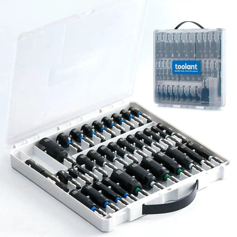 Open case showing 34 Piece Magnetic Nut Driver Set With Impact Driver Bits Deep Nut Drivers And Socket Adapters for overhead work.