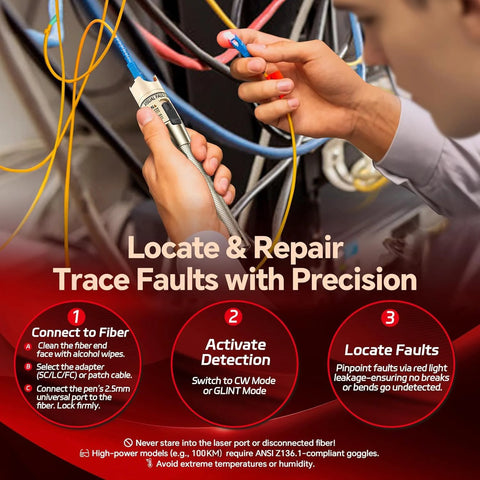 RAINLEOTI Visual Fault Locator Kit with red light pen, 2.5mm universal connector, 2 FC-LC adapters, 3×1.5m patch cords