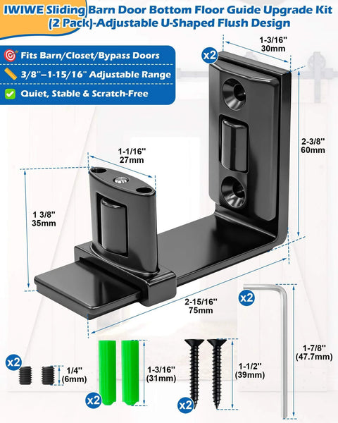 Space Saving Sliding Barn Door Bottom Floor Guide Kit With Wall Mount, Adjustable U Shape Flush Design, Black Finish, 2 Pack