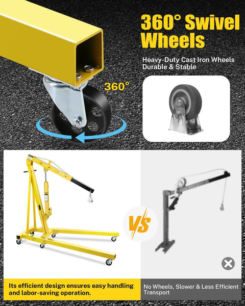 2-Ton hydraulic folding engine hoist, yellow, on six steel casters
