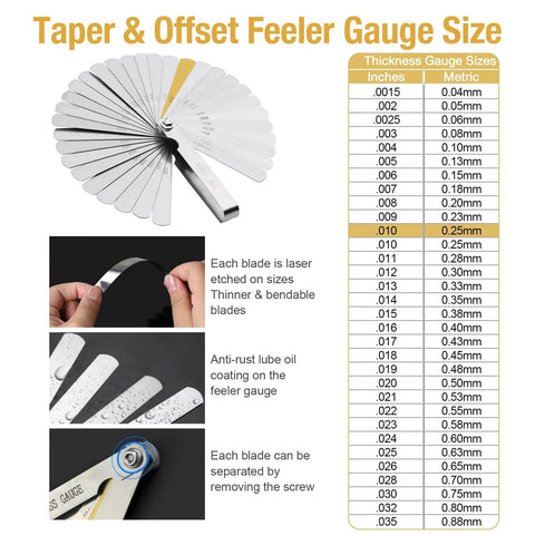 Universal Piston Ring Squaring Tool With 32 Blades Feeler Gauge For End Gap Measurement chart with blade sizes and features.