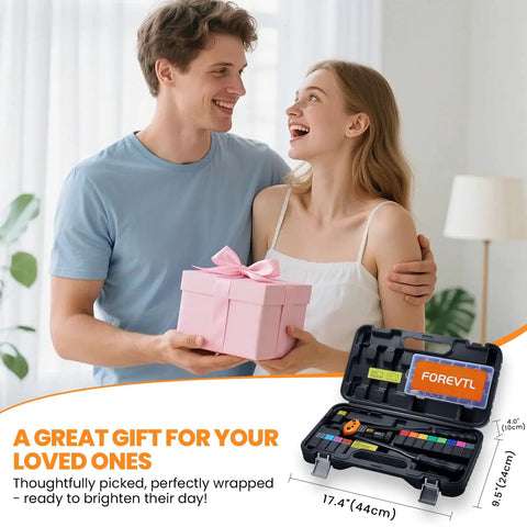 A couple sharing a pink gift box with a view of a toolkit in a case displayed below, labeled as a great gift idea, dimensions shown.