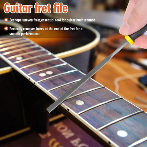 Pro Guitar Fret End Dressing File 2 Pack For Luthiers And DIYers To Smooth Deburr Round And Fix Sharp Frets And Fret Sprout With High Precision Teeth Works On All Guitar Frets For Quick Setups And Clean Fret Edges By Xioysnil, file being used on guitar neck
