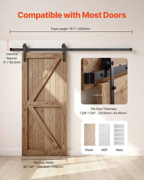 Heavy Duty Sliding Barn Door Hardware Kit for 36 to 40 Inch Doors, 330 Lbs Capacity, J shape rollers installed on door