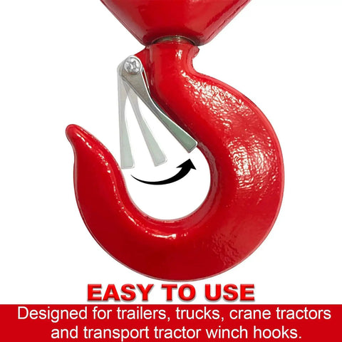 Close-up of red 5 Ton Heavy Duty Swivel Hook With Safety Latch 360 Rotation Crane Eye Hook showing safety latch open.