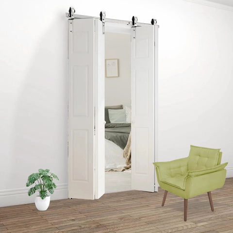 Nickel Plated 72 Inch Double Bifold Sliding Barn Door Hardware Kit for Closet Doors installed in living room