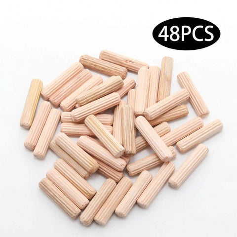 Wooden Dowel Pins 48 Pieces 6mm By 25mm And One Quarter Inch By One Inch Fluted Beveled Ends Hardwood Pegs on white background