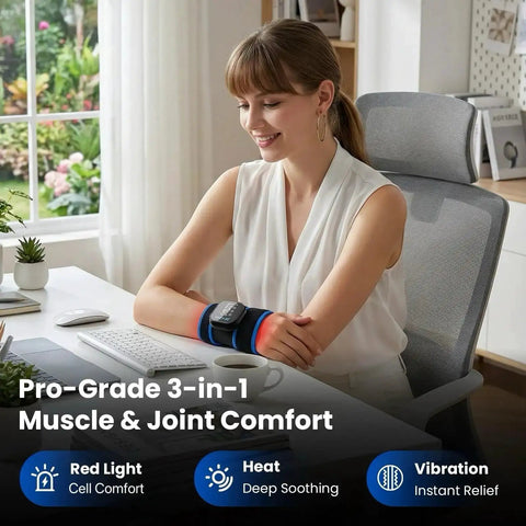 Woman using Infrared Heated Wrist Wrap With Vibration Massage for carpal tunnel and arthritis at a desk