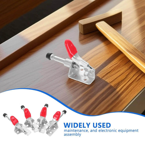Heavy Duty Mini Toggle Clamps 4-Pack Quick-Release Horizontal Clamps For Woodworking Fixtures And Jigs on a wooden surface.
