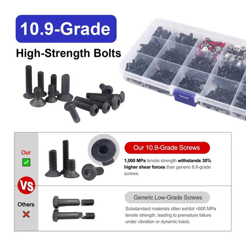Ultimate 500Pcs RC Screw Kit Set For Traxxas Axial HPI Arrma Losi with high-strength bolts and clear storage box.