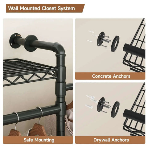 Close-up of wall mounted garment rack with four expandable rods and eight adjustable shelves, industrial pipe clothing rack components.