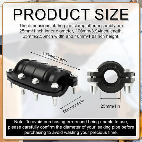Product size dimensions of 1 inch water pipe repair clamp kit with 8 nuts, 8 screws, and 16 washers for 24mm to 26mm plastic and metal pipes.