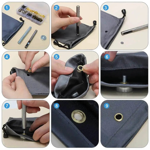 Step-by-step use of One Half Inch Grommet Kit 100 Sets Four Colors Gold Silver Black Bronze With Tools And Storage Box For DIY projects.