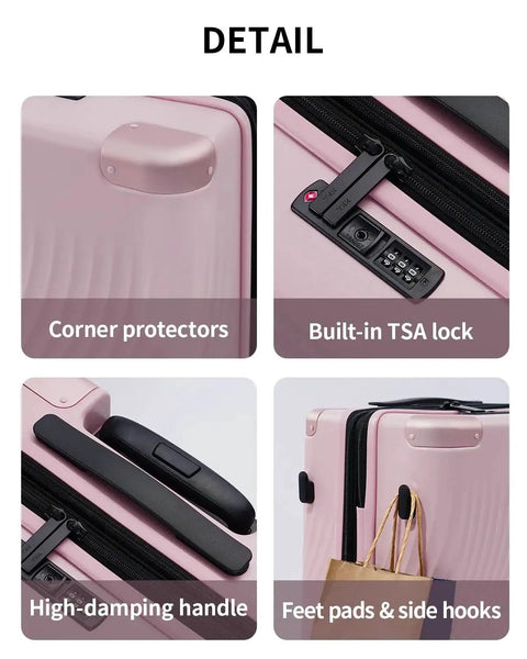 Close-up of Expandable Hardside Carry-On Luggage From ECOHUB, showing pink color, TSA lock, corner protectors, handle, and hooks.