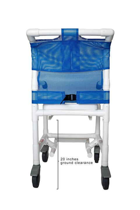 Rear view of rolling shower chair with blue seat, showing 5 Inch Locking Shower Chair Casters Set Of Four Replacement Wheels.