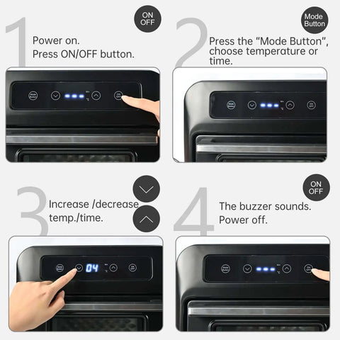 3D Filament Dryer Box control panel instructions for operating the blower, setting temperature to 80°C for drying PLA, PETG, TPU, and carbon fiber filaments.