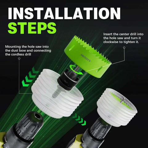 8 In 1 Bi Metal Hole Saw Kit With 2 In 4 In 6 In Saws, High Speed Drill Bits, A2 Arbor, And 6.3 In Dust Cover installation steps
