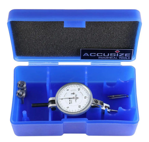 Horizontal Test Indicator With 1.5 Inch Dial 0.060 Inch Range 0.0005 Inch Resolution Jeweled Movement in blue case with accessories.