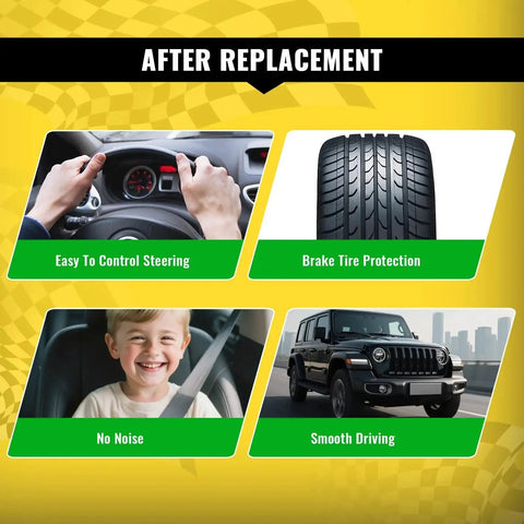 Four images showing benefits of car replacement: steering wheel for control, tire for protection, child smiling for no noise, SUV for smooth driving.