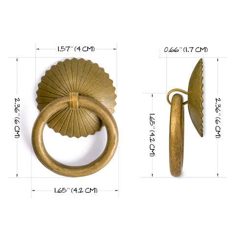 Solid Brass Ring Pulls Set Of 2 For Drawers And Cabinets, 2.4 Inch Overall With Ring Pull 1.7 Inch Wide, Includes Radial Washers