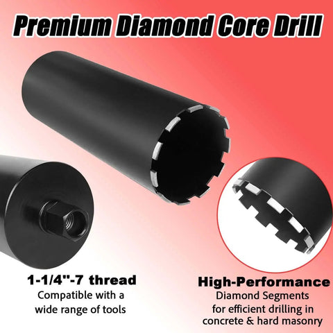Heavy Duty Diamond Core Drill Bit For Concrete And Masonry, Four Inch Size With One Quarter To Seven Inch Thread, Laser Welded Segments And Extra Long Seventeen And Three Quarters Inch Drilling Depth, KELINER Professional Grade Core Bit For Concrete