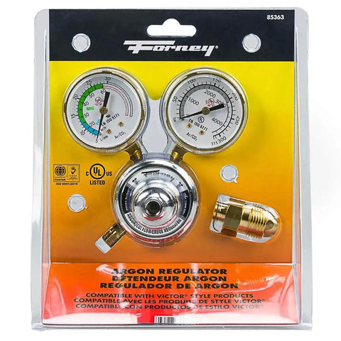 Argon CO2 Regulator Kit For Mig Welder 5/32 Inch with dual scale gauge in retail packaging, Forney 85363, for MIG and TIG welds