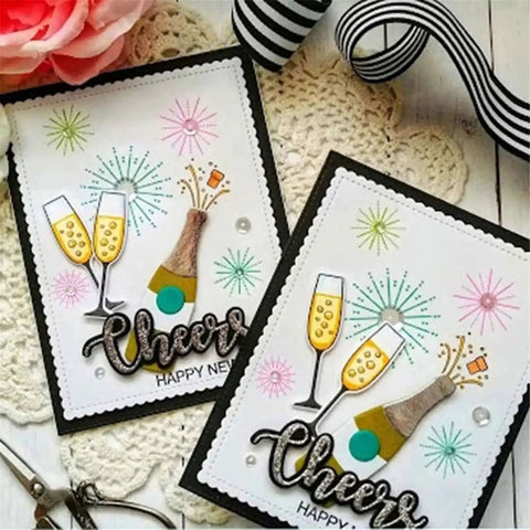 Card made using Wine Glass Clear Stamp And Die Set for card making and DIY embossing with silicone stamp seals, showing champagne glasses.