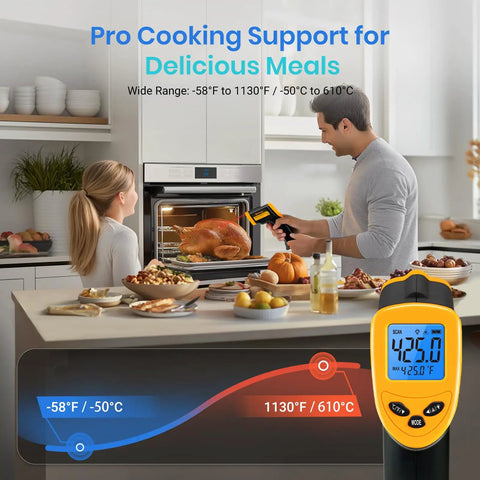 Lasergrip 1080 Infrared Thermometer For Kitchen Cooking Grilling And BBQ Bath Water Digital Temperature Gun Non Contact IR Thermometer -58F To 1130F Yellow And Black Etekcity measuring temperature of turkey in kitchen oven.