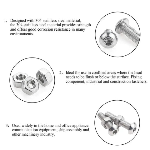195 Piece M5 Hex Button Head Bolts And Nuts Kit In Stainless Steel 304 For DIY Projects, showing bolts and nuts with instructions.