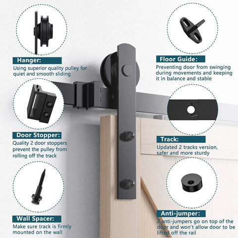 Beefy Sliding Barn Door Hardware Kit For Double Doors Black Finish Eight Foot Rail System With I Shape Hanger installed view