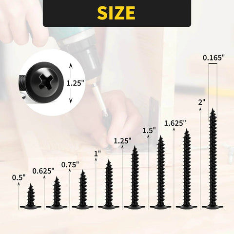 Premium Black Wood Screws Set 1-1/2 Inch, 220 Pc Assortment Kit sizes 1/2 to 2 inch, displayed with Phillips truss head in use.