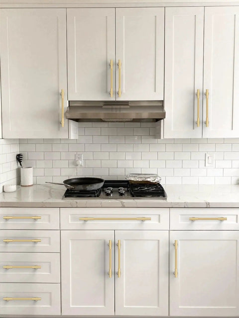 Kitchen with white cabinets featuring 10 Pack Brushed Gold Cabinet Pulls 5 Inch 128mm Solid Heavy Duty Zinc Alloy Drawer Handles