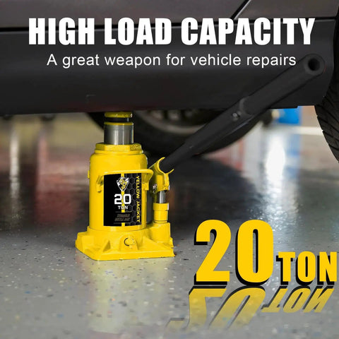20 Ton Low Profile Bottle Jack for Heavy Duty Lifting Up to 40,000 Lbs used under a car in a garage environment