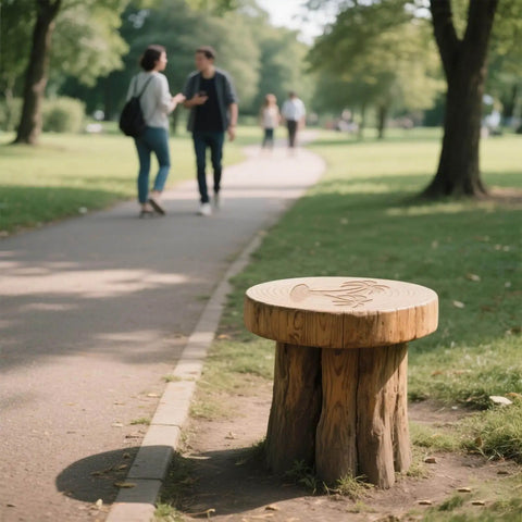 Wooden tree stump bench next to a park pathway with people walking in the background.