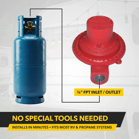Heavy Duty RV Propane Regulator With 30 PSI High Pressure Output For Campers RVs And Travel Trailers, Delivers 500,000 BTU/hr, 1/4 Inch FPT Inlet