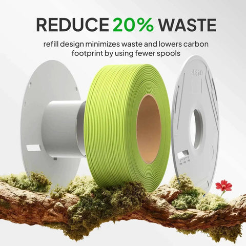 Green PLA filament roll with detachable white spool, eco-friendly design for reduced waste, sitting on a branch background.