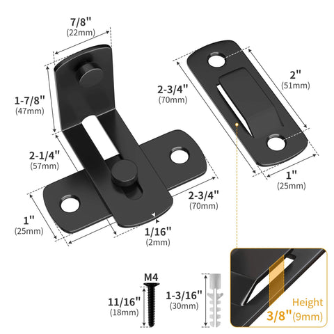 Detailed dimensions of 2 Pack 90 Degree Flip Barn Door Lock Set For Privacy And Real Deal Security, with screws and anchors shown