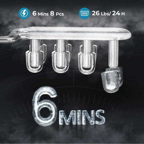 Portable Countertop Ice Maker With 26lb Daily Capacity And Two Ice Size Options showing ice-making cycle in 6 minutes.