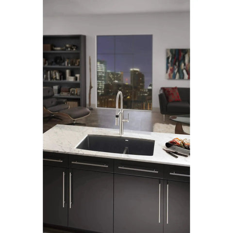 Modern kitchen with black cabinetry featuring Hopewell Steel Bar Pull M993 15 Inch Center-To-Center Flat Black Cabinet Pulls.