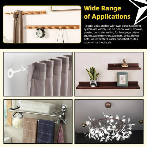 Wide range of applications for 18Pcs M4 M5 M6 Eye Bolt Toggle Bolts Assortment Kit with eye hooks shown in various hanging setups.