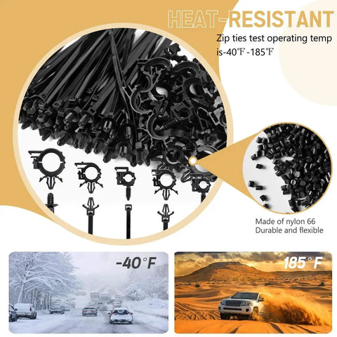 180 Piece Nylon Universal Cable Tie Buckle Set With Push Mount Zip Ties And Wire Loom Routing Clips shown with temperature range