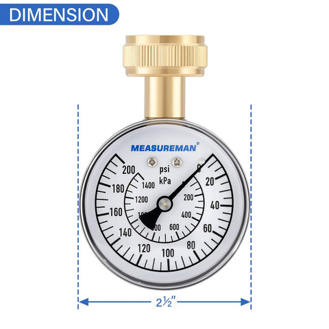 MEASUREMAN water pressure gauge with brass 3/4 in hose thread, 2-1/2 in dial, 0-200 psi, waterproof black case