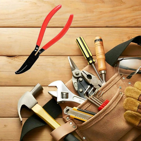 Pro-Grade 7-Inch Sheet Metal Hand Seamer Pliers with ergonomic handle on a wooden surface next to various tools.