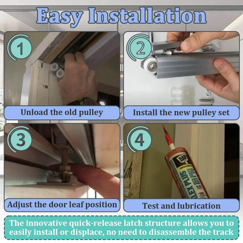 4Pcs Sliding Pocket Door Rollers Assembly installation steps for bypass and closet doors with top hanger and twin roller wheels.